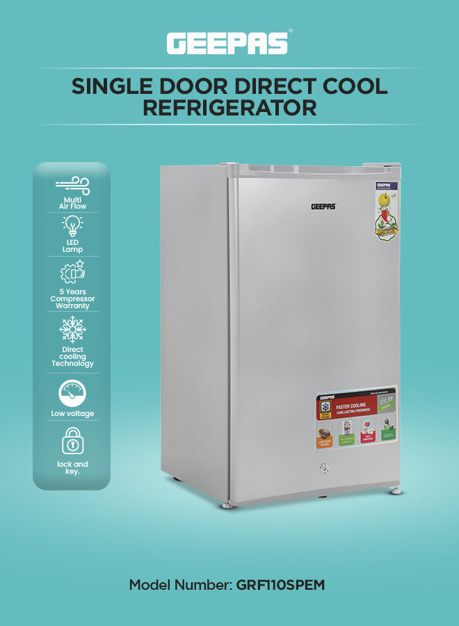 92 Ltr Single Door Mini Fridge | Direct Cool Defrost Refrigerator with Quick Cooling & Temperature Control | Tempered Glass Shelves, Transparent Door Basket for Extra Space & Long-Lasting Freshness | Silver Finish 92 L GRF110SPEM Grey