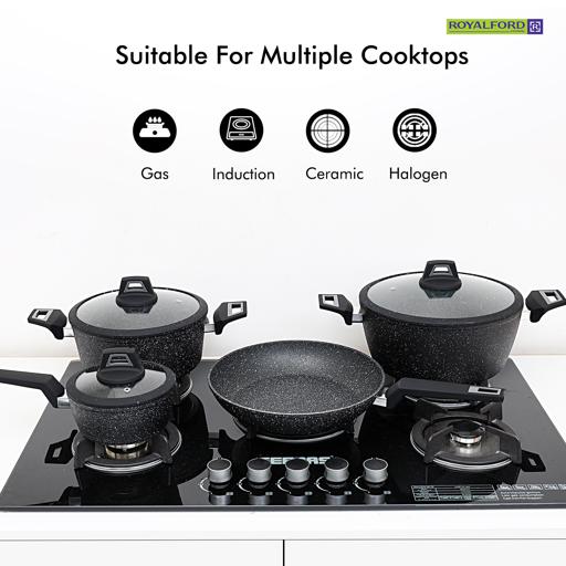 7 Pieces Black Chefart Aluminium Cookware Set Granite Coated Induction Bottom 2.5Mm Body Thickness Soft Touch Handles Tempered Glass Lid 54X20X33Cm Multicolor Multicolor