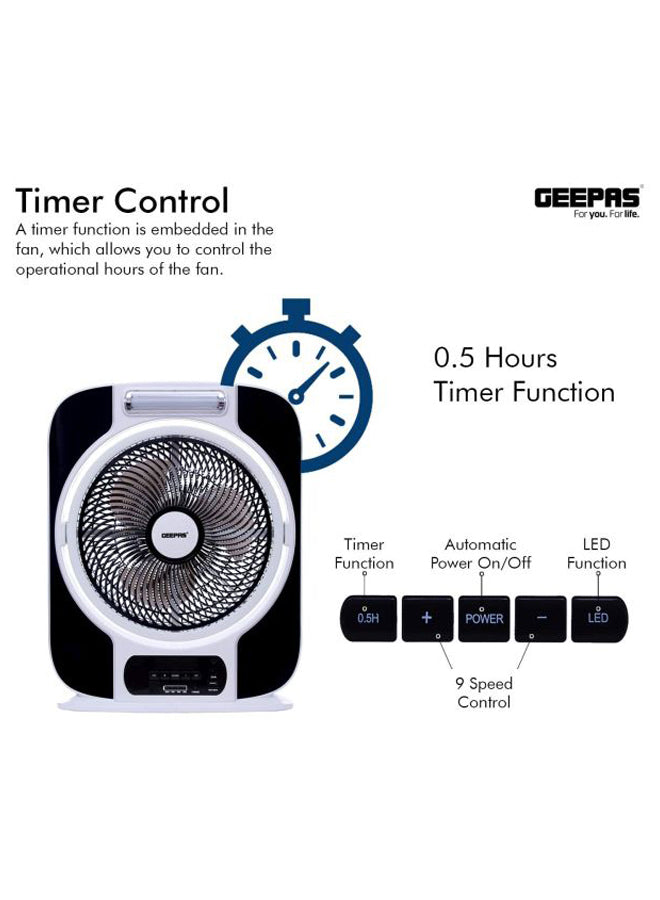12 Inch Rechargeable Box Fan, 40 Hours Working, Up/Down Tilting, USB 5V Output, 9 Speed Options, LCD Display, 0.5 Hours Timer, Battery Level Indicator GF989 Black/White