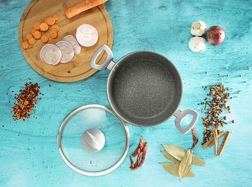 Smart Granite Series Casserole 22Cm Forged Aluminium 22.9X9.5Cm 5 Layer Tempered Glass Lid With Steel Frame Multicolor Multicolor