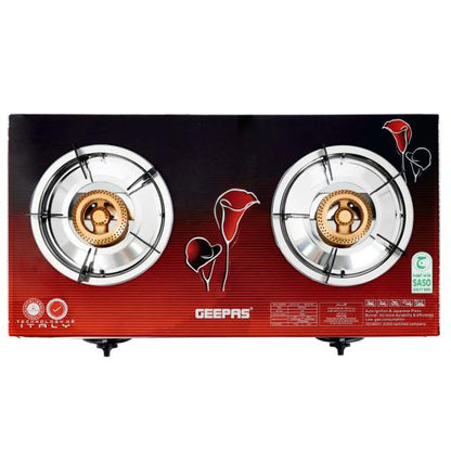 Double Burner Auto Piezo Ignition Tempered Glass Top Stove With Cast Iron GGC31013 Red/Black