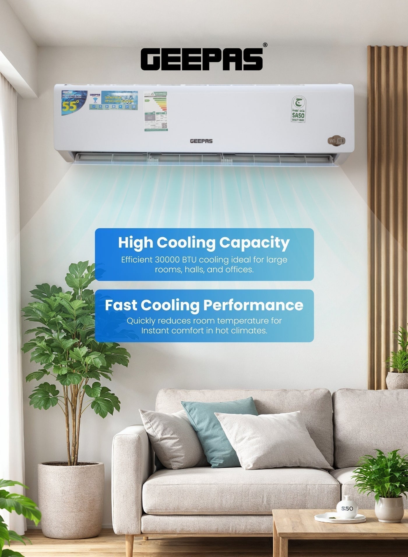 2.5 Ton Split AC (30,000 BTU) – Inverter with Wi-Fi, 4D Airflow, Smart Self-Clean & Auto Diagnosis – 10-Year Compressor Warranty GACS3026KRBA white