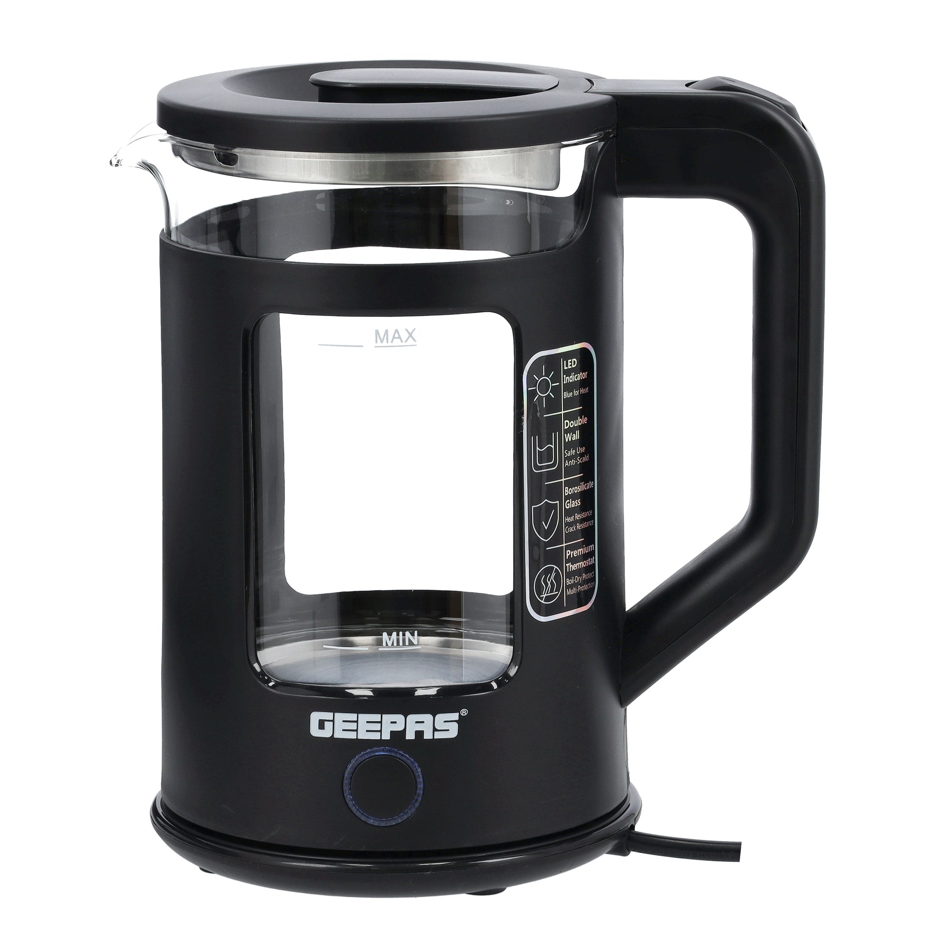 1.8 liter Electric Glass Kettle| Stainless Steel Filter,Boil Dry Protection and Automatic Cut-Off| LED Lighting, Perfect for Boiling Water, Milk, Tea| 2200 W, Cool Touch Handle| 2 Years Warranty 1.8 L 2200 W GK38049 Black