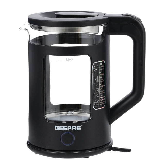 1.8 liter Electric Glass Kettle| Stainless Steel Filter,Boil Dry Protection and Automatic Cut-Off| LED Lighting, Perfect for Boiling Water, Milk, Tea| 2200 W, Cool Touch Handle| 2 Years Warranty 1.8 L 2200 W GK38049 Black