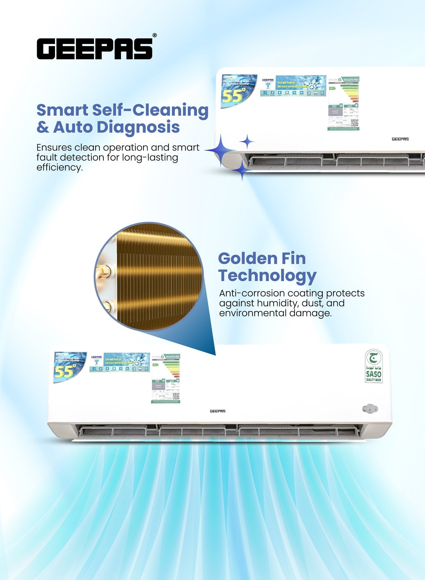 1.5 Ton Split Air Conditioner (19200 BTU) – Inverter Technology with Smart Self-Cleaning, Auto Diagnosis, 4D Airflow, & 10-Year Compressor Warranty GACS1812KRBA white