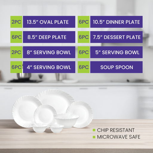 40-Piece Classic Opalware Dinner Set RF12658 | Food-Grade White Dinnerware Set for 6 | Microwave, Dishwasher & Freezer Safe | Chip-Resistant Serveware