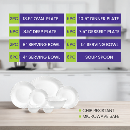 40-Piece Classic Opalware Dinner Set RF12658 | Food-Grade White Dinnerware Set for 6 | Microwave, Dishwasher & Freezer Safe | Chip-Resistant Serveware