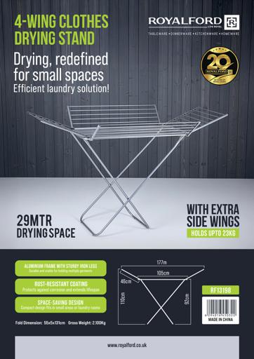 4-Wing Foldable Clothes Drying Stand – 29m Drying Space, 23kg Capacity, Aluminum Frame with Iron Legs, Indoor & Outdoor Laundry Rack – Silver