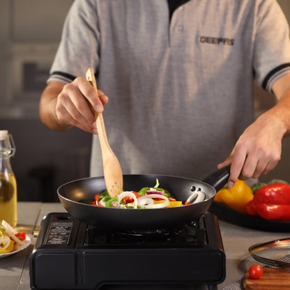 28CM Aluminium Non-Stick Fry Pan with Glass Lid – Deep Saute Pan for Gas Hob Cooking, Durable Granite Coating, Ergonomic Cool-Touch Handle, Ideal for Frying, Sautéing & Stir-Frying – Black Black 28 cmcm
