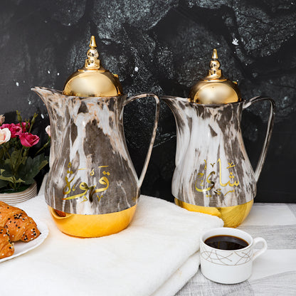 Royal Marble Tea And Cawa Set 1+1L Pink Glass Inner Multicolor Arabic Calligraphy Print Multicolour 31 x 29.6 x 16 cmcm