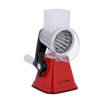 Rotary Grater with 3 Interchangeable Stainless Steel Blades | Manual Vegetable Slicer & Cheese Grater | Suction Base | Dishwasher Safe | Red & Black