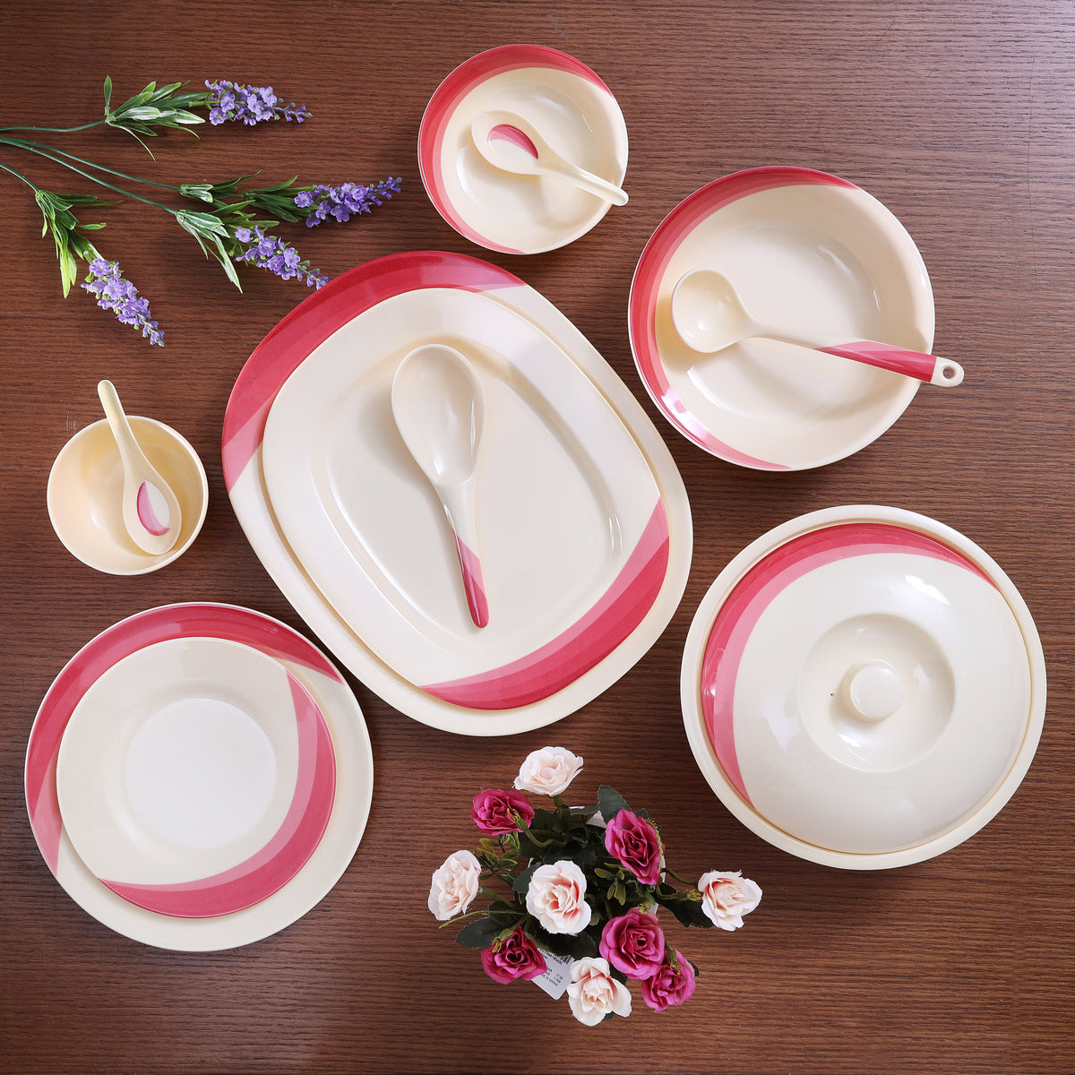 64-Piece Melamine Dinner Set With 1X30Cm Oval Plate,2X36Cm Oval Plates,12X25Cm Dinner Plates,12X20Cm Dessert Plates,2X23Cm Bowls With Lid,3X15Cm Bowls,12X11Cm Soup Bowls,3X22Cm Rice Spoons,3X20Cm Spoons,12X14Cm Spoons,Serves 12,Multicolor Orange 11.6kg