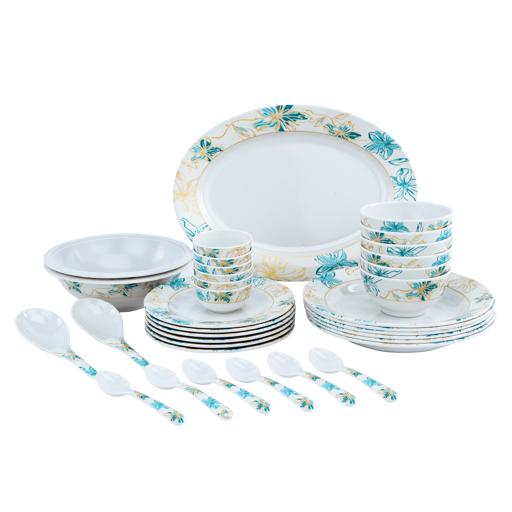 Delcasa 35 Piece Flower sketch Melamineware Dinner Set- DC2462| Includes Oval Plates, Deep Plates, Flat Plates, Soup Bowls, Round Bowls, Soup Spoons and Rice Spoons| Top-Rack Dishwasher-Safe and Light-weight| Eco-Friendly and Food-Grade| White and Blue