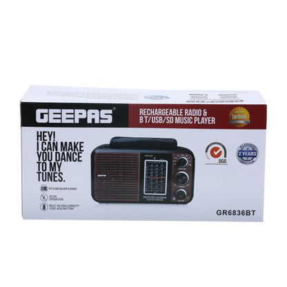 راديو FM قابل لإعادة الشحن مع فتحات USB و SD - طراز GR6836، لون أسود