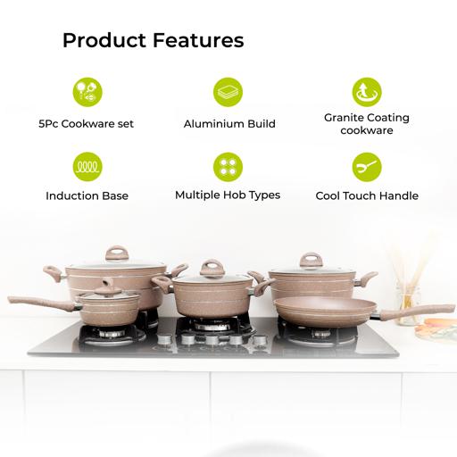 9-Piece Smart Non-Stick Cookware Set RF9555BGE – 5-Layer Granite Coating, High-Quality Forged Aluminium Construction, Scratch Resistant, Tempered Glass Lids, Bakelite Handles, 3.8mm Thick Induction Base – Compatible with All Hob Types Beige