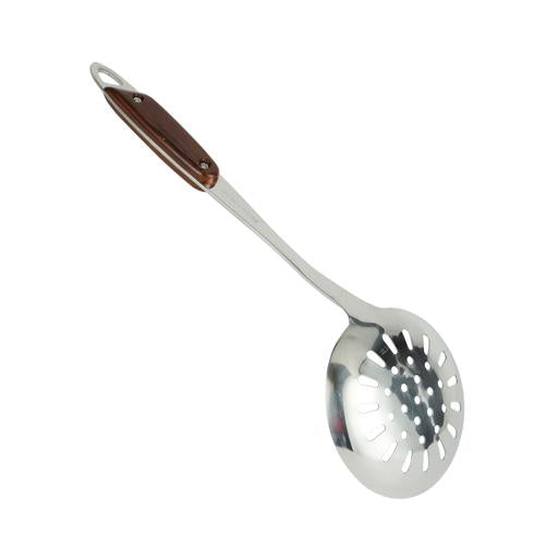 Stainless Steel Skimmer Spoon with Wooden Finish Handle | Slotted Frying Strainer Ladle for Pasta, Fries, Noodles & More