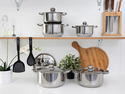 12PCS Stainless Steel Cookware Set, Ergonomic Grip, Induction Safe Casserole/Saucepan Pots with Lid, and Nylon Slotted Turner -Riveted Handles, Chrome Finish Stainless Steel Body Stainless Steel 26x12.8cm