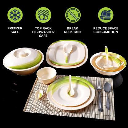 64 Piece Melamineware Dinner Set RF8101 Oval Plates Dinner Plates Dessert Plates Round Bowls Soup Bowls Rice Spoons and Spoons Beige/Green