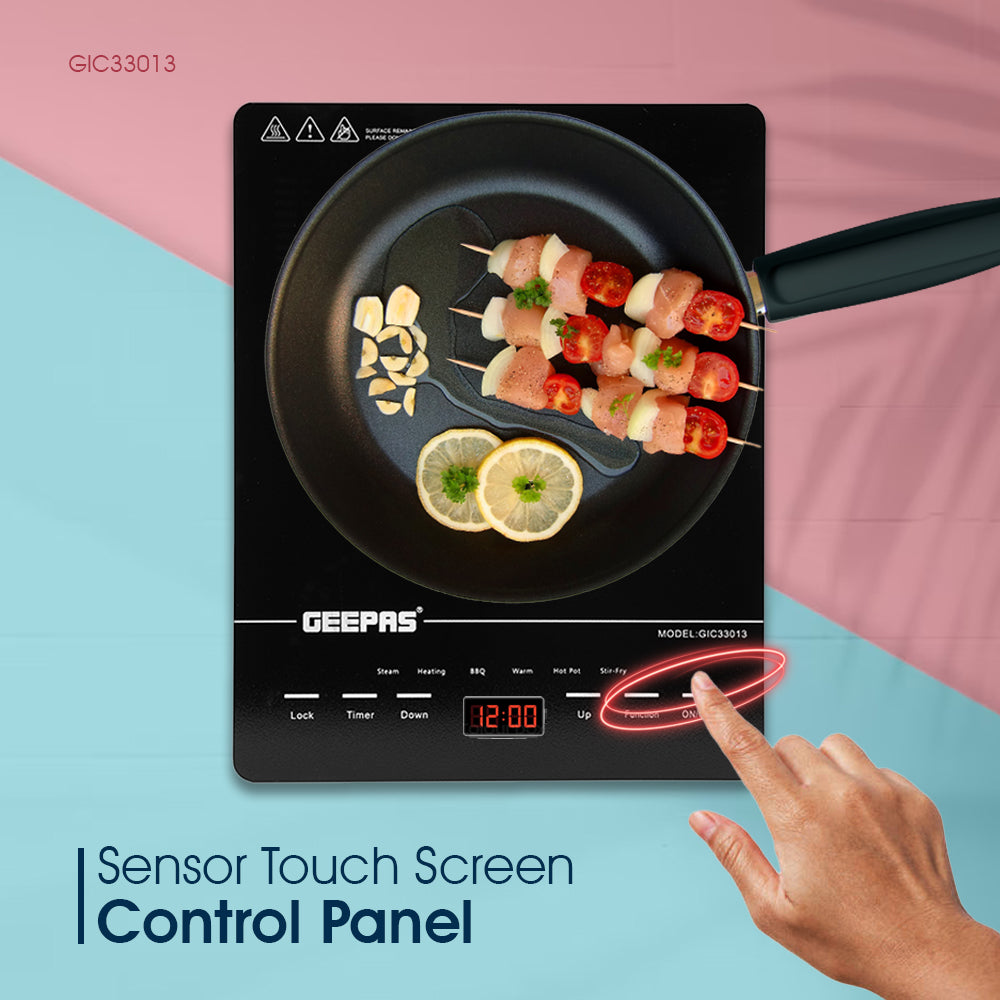 Geepas Digital Infrared Cooker GIC33013 – 2000W Ceramic Heating Element, 4-Digit LED Display, Touch Control, 8 Temperature Settings, 3-Hour Timer, Auto Shut-Off, Black