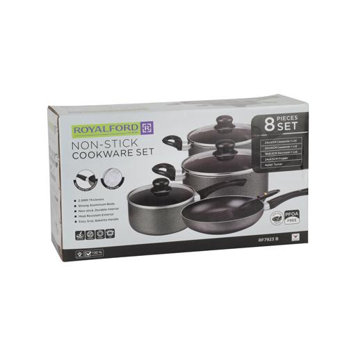 8-Piece Non-Stick Cookware Set Aluminum | Scratch-Resistant Non-Stick Coating with CD Bottom | Tempered Glass Lids, Heat-Resistant Bakelite Handles & Knobs Dark Black