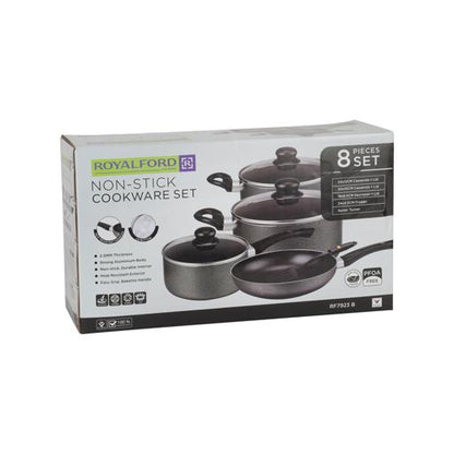 8-Piece Non-Stick Cookware Set Aluminum | Scratch-Resistant Non-Stick Coating with CD Bottom | Tempered Glass Lids, Heat-Resistant Bakelite Handles & Knobs Dark Black