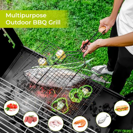 RF10385 Barbecue Grill Basket | Folding Portable BBQ Grill with Heat-Resistant Handle | Chromium Plated Iron Grill Rack for Fish, Meat, Shrimp & Vegetables | Large Cooking Surface | Black