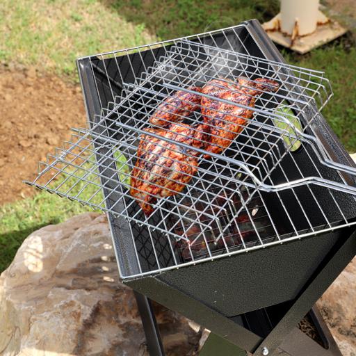 BBQ Grill Basket RF9396 | 35x25 CM Rectangular Grilling Basket with Removable Wooden Handle | Non-Stick Coated Grill Basket for Fish, Vegetables, Shrimp, Chicken & Meat