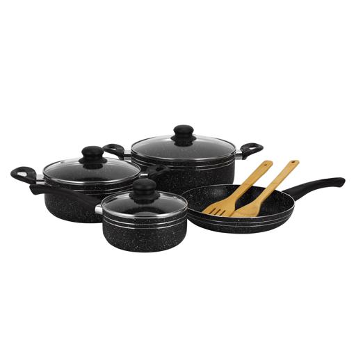 Royalford 9-piece Marble Coated and Press Aluminum Body Ritz Plus Cookware Set  Dot Induction Base, Bakelite Handles and Lid/ Includes Casseroles, Saucepan, Bamboo Kitchen Tools and Fry Pan/ Black Black