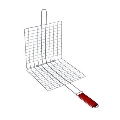 RF10383 Barbecue Grill Basket | Chromium Plated Iron BBQ Grill with Wooden Handle | Folding Portable Grill Rack for Fish, Meat, Vegetables & Seafood | Outdoor Camping & BBQ Tool