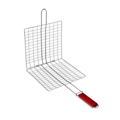RF10383 Barbecue Grill Basket | Chromium Plated Iron BBQ Grill with Wooden Handle | Folding Portable Grill Rack for Fish, Meat, Vegetables & Seafood | Outdoor Camping & BBQ Tool