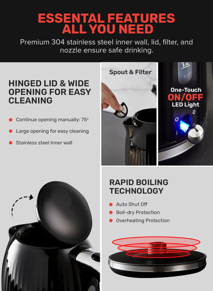 1.7 L Fluted Jug Kettle 360-Degrees Rotation, Boil Dry Protection and Automatic Cut-Off/ Perfect for Boiling Water, Milk, Tea/ Removable and Washable Filter