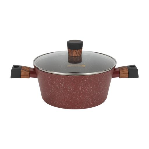 10-piece Chef Choice Non-Stick Cookware Set- RF12491/ Forged Aluminum Body, Granite Coated with 2.5 mm Thickness, Induction Base, Wooden-Finish Bakelite Handles and Glass Lid/ Includes Casserole, Fry Pan, Saucepan, 3 Nylon Tool/ Maroon Pink Maroon
