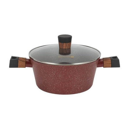 10-piece Chef Choice Non-Stick Cookware Set- RF12491/ Forged Aluminum Body, Granite Coated with 2.5 mm Thickness, Induction Base, Wooden-Finish Bakelite Handles and Glass Lid/ Includes Casserole, Fry Pan, Saucepan, 3 Nylon Tool/ Maroon Pink Maroon