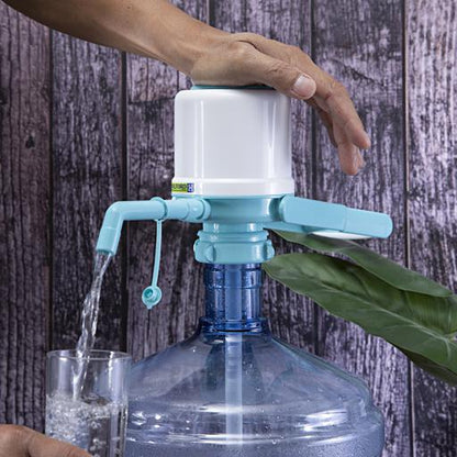 Manual Water Bottle Pump with Lock | Dolphin Drinking Water Dispenser Pump | Portable Hand Press Water Pump for 5 & 6 Gallon Bottles | White & Blue