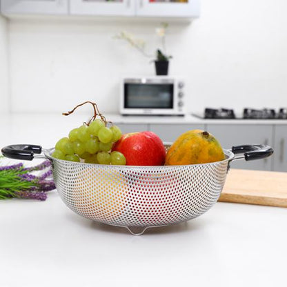 25cm Stainless Steel Colander | Heavy-Duty Micro-Perforated Strainer Basket with Bakelite Handles & Tripod Base | Pasta, Fruit & Vegetable Drainer