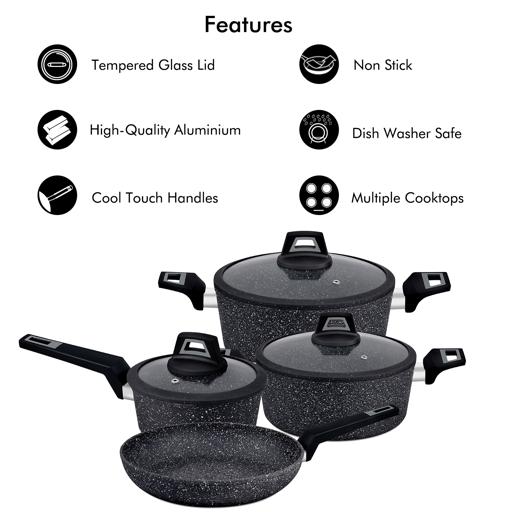 7 Pieces Black Chefart Aluminium Cookware Set Granite Coated Induction Bottom 2.5Mm Body Thickness Soft Touch Handles Tempered Glass Lid 54X20X33Cm Multicolor Multicolor