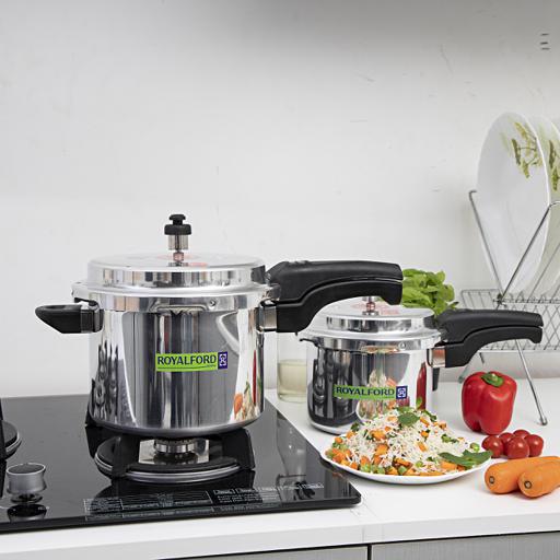 Royalford Rf8428 5 & 3 Litre Aluminum Pressure Cooker - Comfortable Handle Evenly Heating Cooker | Portable & Compact Design | Perfect For Chicken, Fish, Rice, Beef And More | Multiple Hobs, Silver