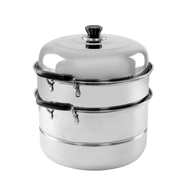 Double Layer Stainless Steel Steamer 9L – Multi-Use Steamer Pot with Heat-Resistant Handles, Dishwasher Safe, Compatible with Induction, Gas & Ceramic Cooktops Silver 9Liters