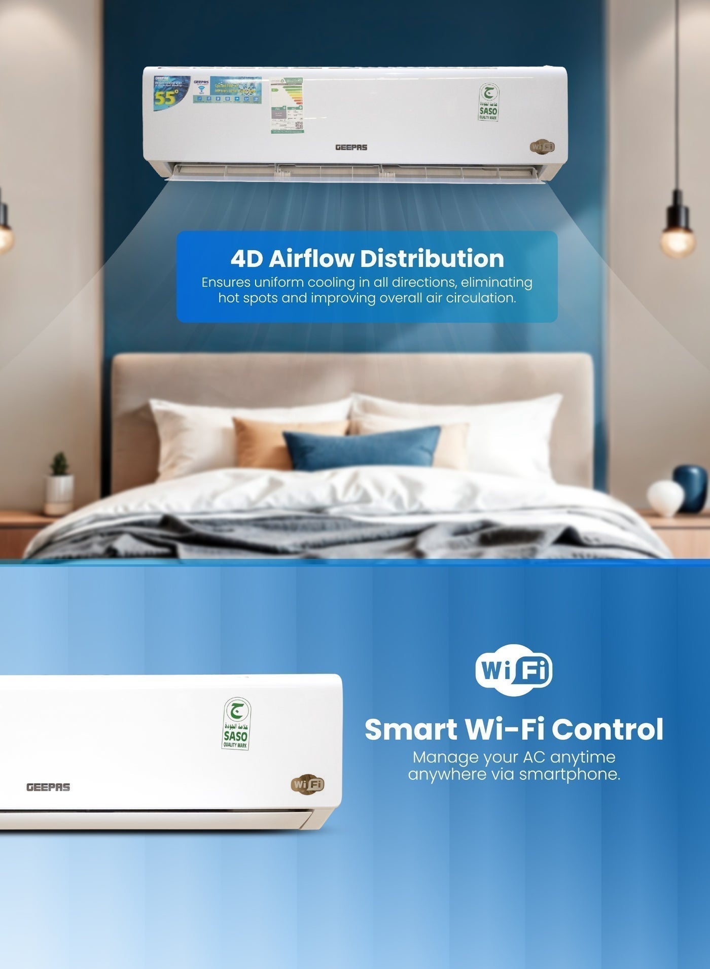 2.5 Ton Split AC (30,000 BTU) – Inverter with Wi-Fi, 4D Airflow, Smart Self-Clean & Auto Diagnosis – 10-Year Compressor Warranty GACS3026KRBA white