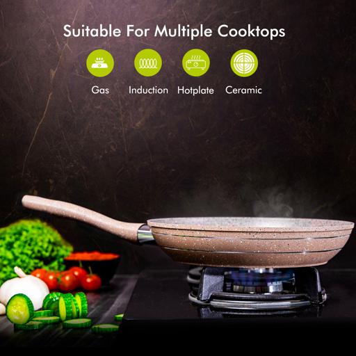 RF9464BGE 26CM Smart Fry Pan | 5 Layer Granite Non-Stick Coating Frying Pan | Forged Aluminium Body with Heat-Resistant Handle | Induction, Gas & Multiple Hob Compatible | Beige