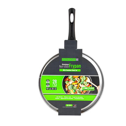 Royalford 28 cm Aluminum Nonstick Frypan with Stainless Steel Lid / Strong Body with 3 Layer Coating and Heat Resistant Bakelite Handle/ Perfect for Frying, Sauting, Tempering/ Black Black