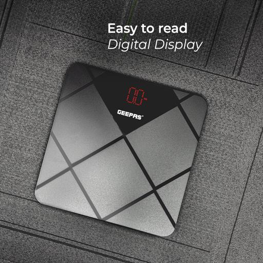 Geepas Digital Body Scale With Digital Display, Max Weight 180 Kgs, 6 MM Tempered Glass, Anti-Slip Design, Red Lattice LED, Auto On-Off, High Precision Strain Gauge Sensor GBS46523UK Grey & black