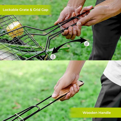 BBQ Grill Basket with Wooden Handle | Chromium Plated Iron Folding Barbecue Grill | Portable Lockable Grill Basket for Fish, Meat & Vegetables