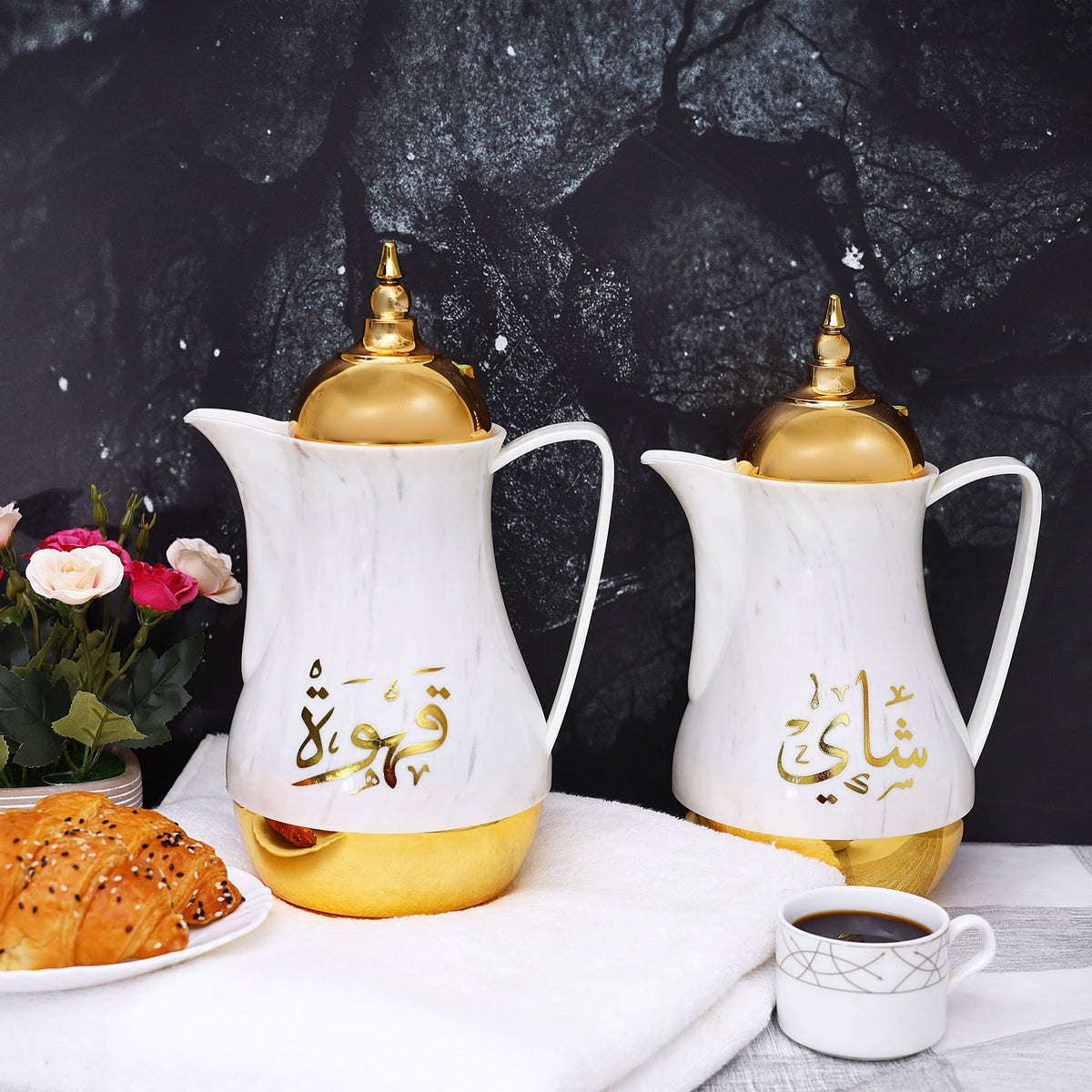 Double Wall Marble Tea & Cawa Set 2-Piece | 1L + 1L Insulated Vacuum Flask Set | Black & Gold / White & Gold