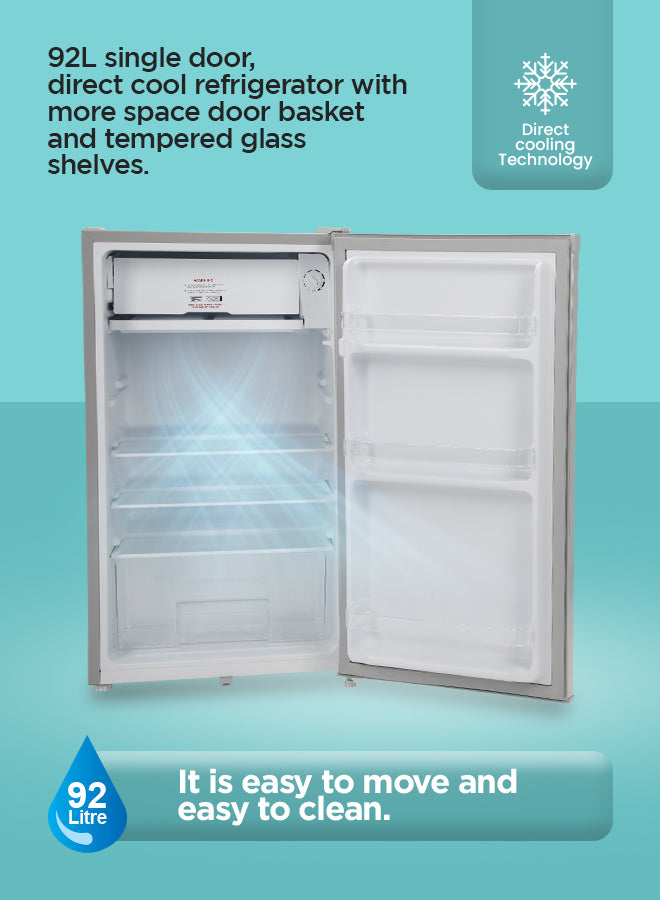 92 Ltr Single Door Mini Fridge | Direct Cool Defrost Refrigerator with Quick Cooling & Temperature Control | Tempered Glass Shelves, Transparent Door Basket for Extra Space & Long-Lasting Freshness | Silver Finish 92 L GRF110SPEM Grey