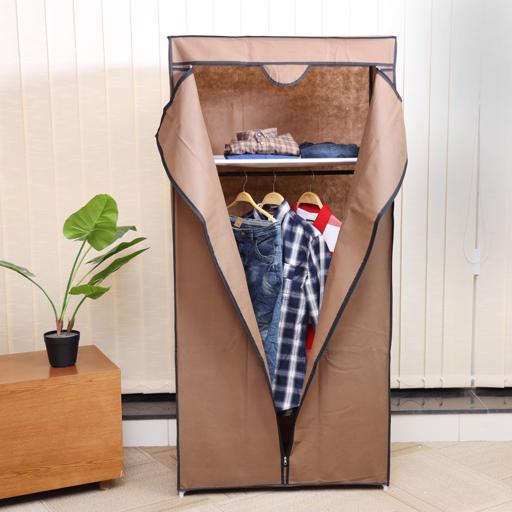 Wardrobe Portable Closet Organizer | Lightweight Modular Wardrobe with Hanging Rail & Mesh Shelves | Dust-Proof Space-Saving Storage Cabinet Brown