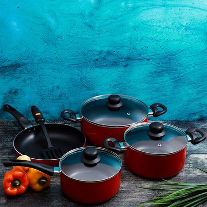 8-Piece Aluminium Non-Stick Cookware Set | Scratch-Resistant | Glass Lids | Induction Compatible | Red