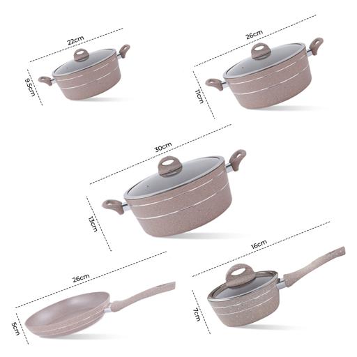 9-Piece Smart Non-Stick Cookware Set RF9555BGE – 5-Layer Granite Coating, High-Quality Forged Aluminium Construction, Scratch Resistant, Tempered Glass Lids, Bakelite Handles, 3.8mm Thick Induction Base – Compatible with All Hob Types Beige