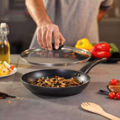 28CM Aluminium Non-Stick Fry Pan with Glass Lid – Deep Saute Pan for Gas Hob Cooking, Durable Granite Coating, Ergonomic Cool-Touch Handle, Ideal for Frying, Sautéing & Stir-Frying – Black Black 28 cmcm