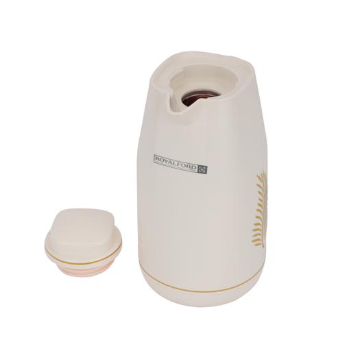 Royalford 1.0 L (33.5 oz) Vacuum Flask with Pink Glass Inner and PP Outer Body | Leak-Proof and Portable Design Suitable for Indoor WHITE AND GOLDEN